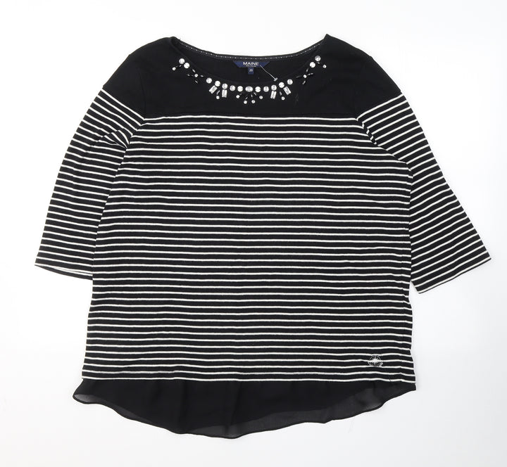Debenhams Womens Black Striped Cotton Jersey T-Shirt Size 2 Round Neck