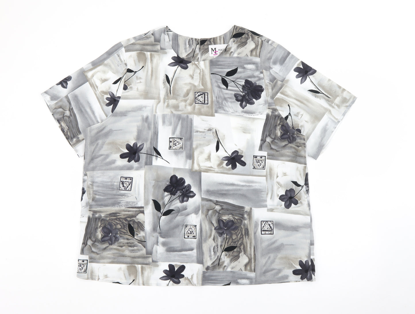 Maggie Sweet Womens Grey Geometric Polyester Basic T-Shirt Size XL Round Neck