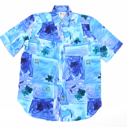Maggie Sweet Womens Blue Geometric Polyester Basic Button-Up Size S Collared