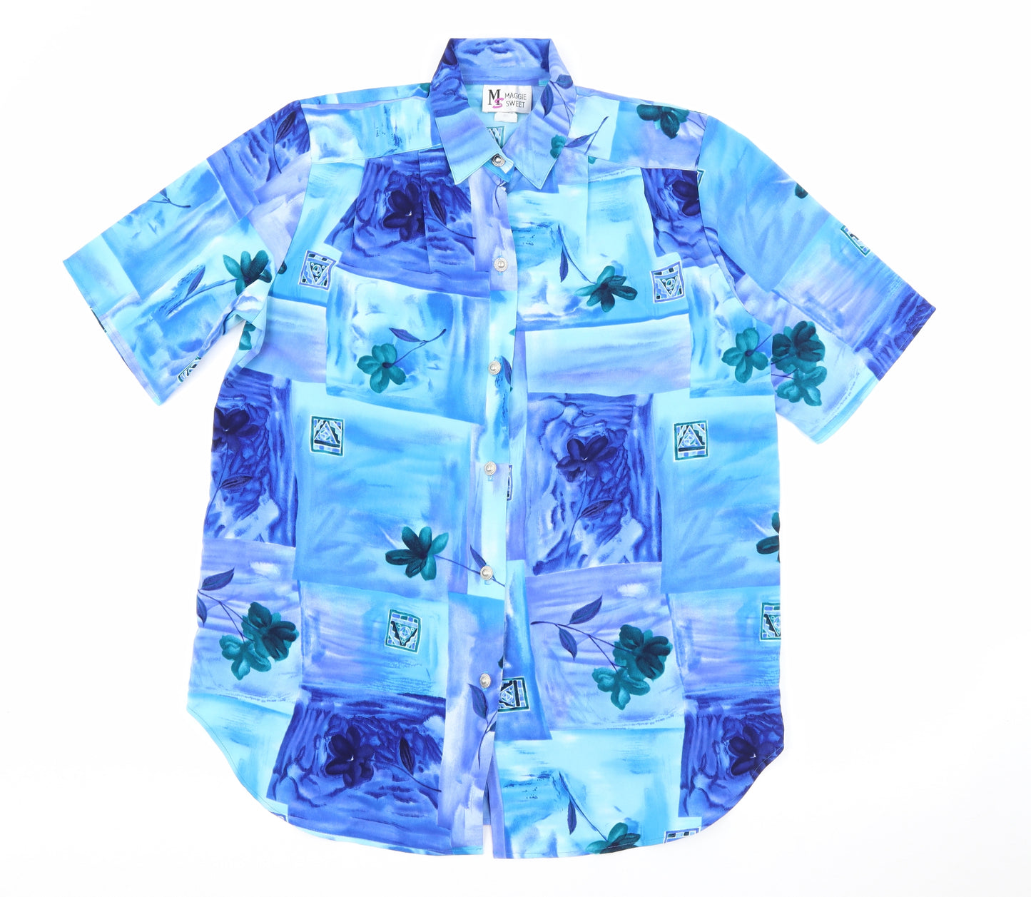 Maggie Sweet Womens Blue Geometric Polyester Basic Button-Up Size S Collared
