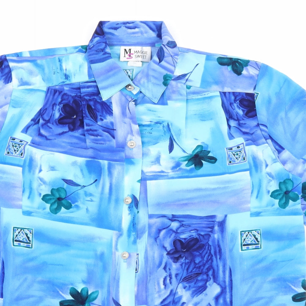 Maggie Sweet Womens Blue Geometric Polyester Basic Button-Up Size S Collared