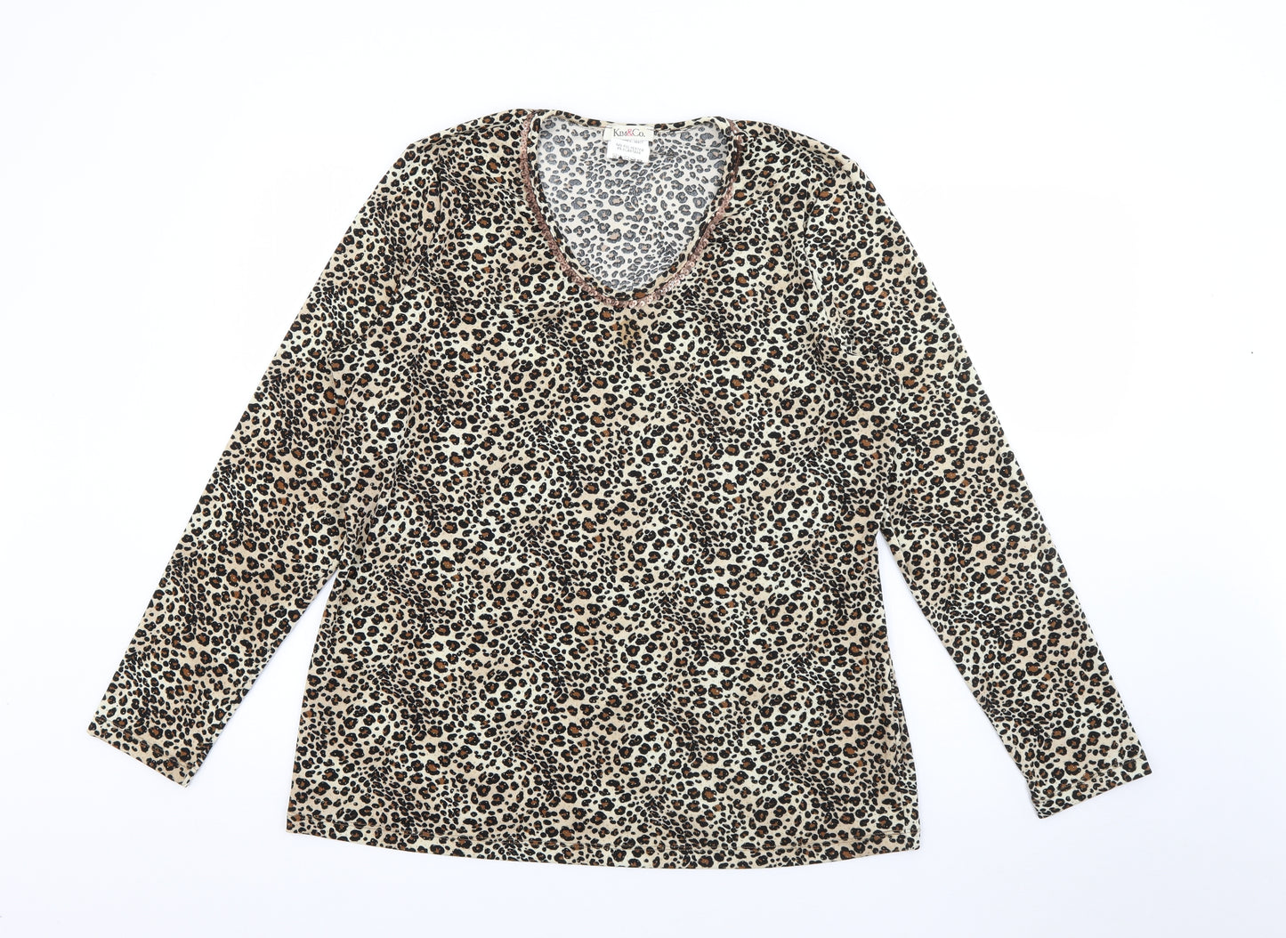 Kim & Co Womens Brown Scoop Neck Animal Print Polyester Pullover Jumper Size 2XL