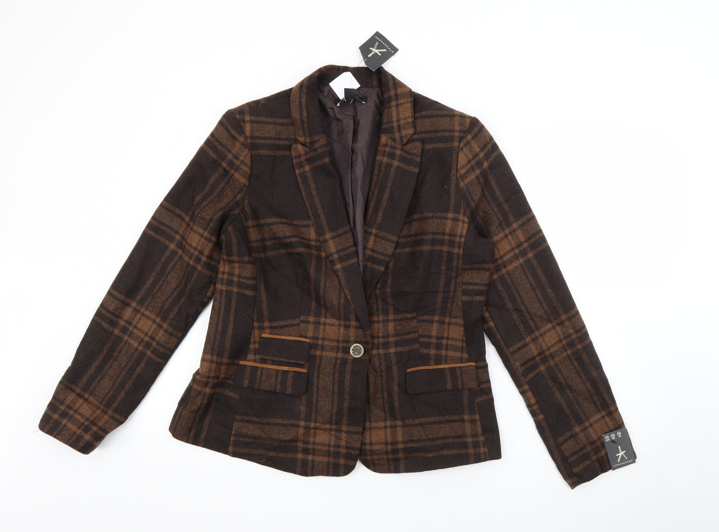 Primark Womens Brown Plaid Polyester Jacket Blazer Size 14