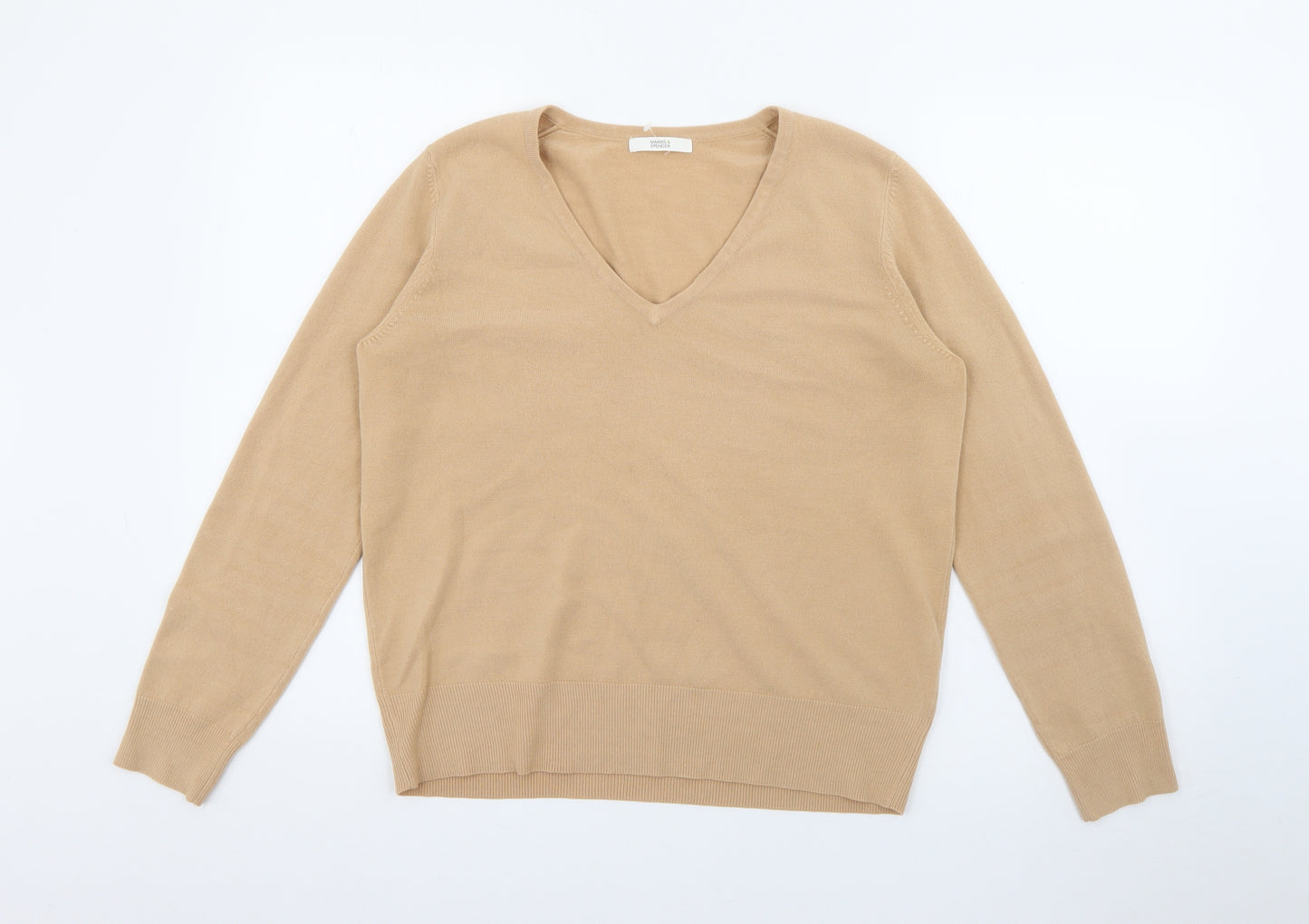 Marks and Spencer Womens Beige V-Neck  Acrylic Pullover Jumper Size 14