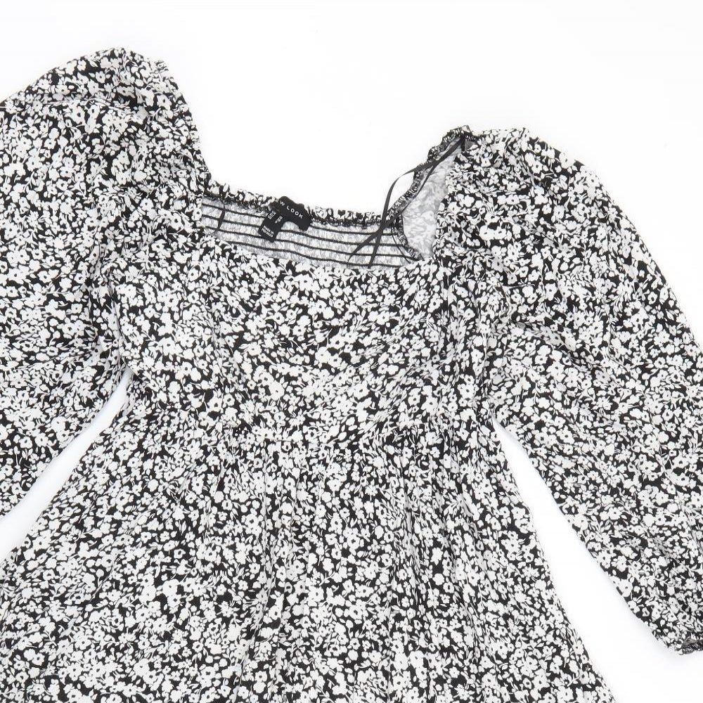 New Look Womens Black Floral Viscose Fit & Flare  Size 10  Square Neck