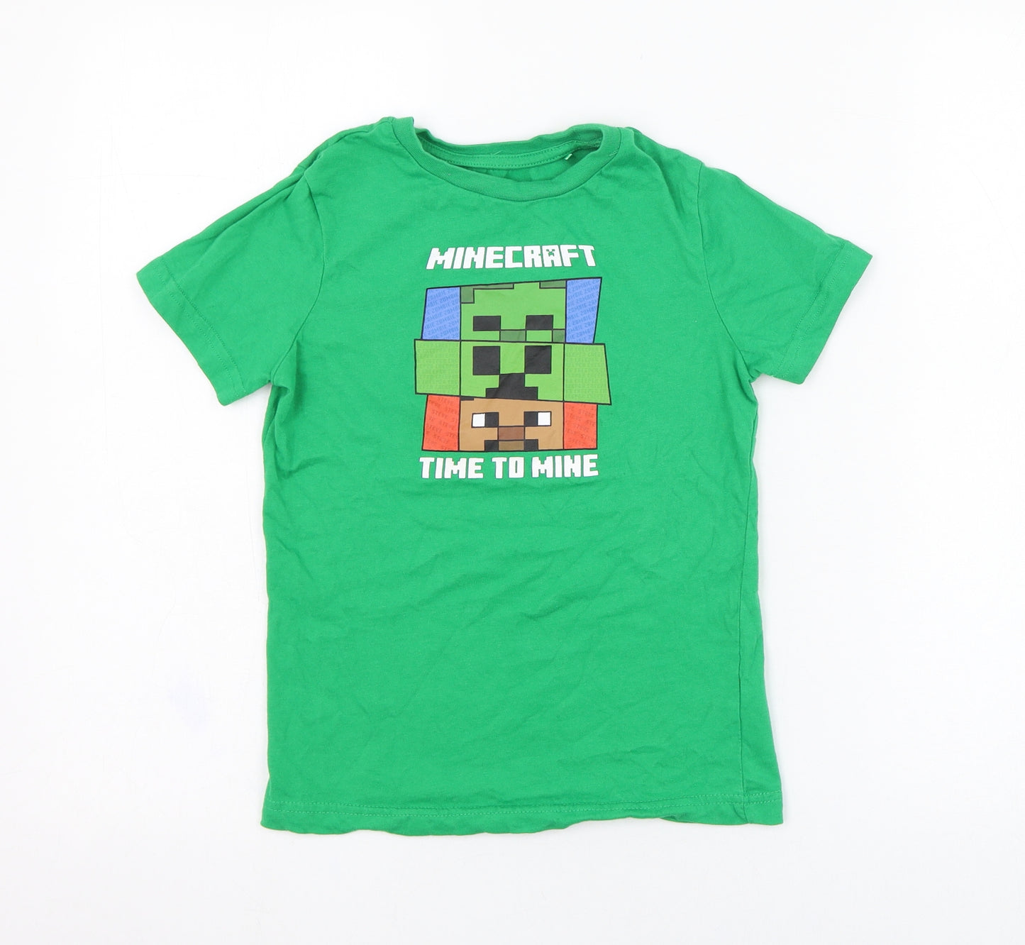 George Boys Green  Cotton Basic T-Shirt Size 7-8 Years Round Neck Pullover - Minecraft