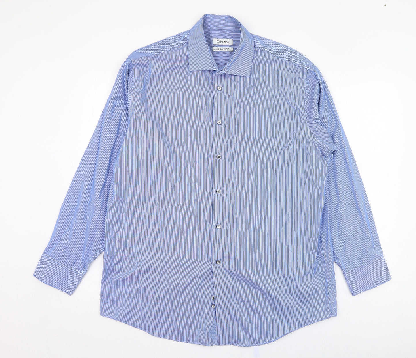 Calvin Klein Mens Blue Striped Cotton  Dress Shirt Size 16.5 Collared Button