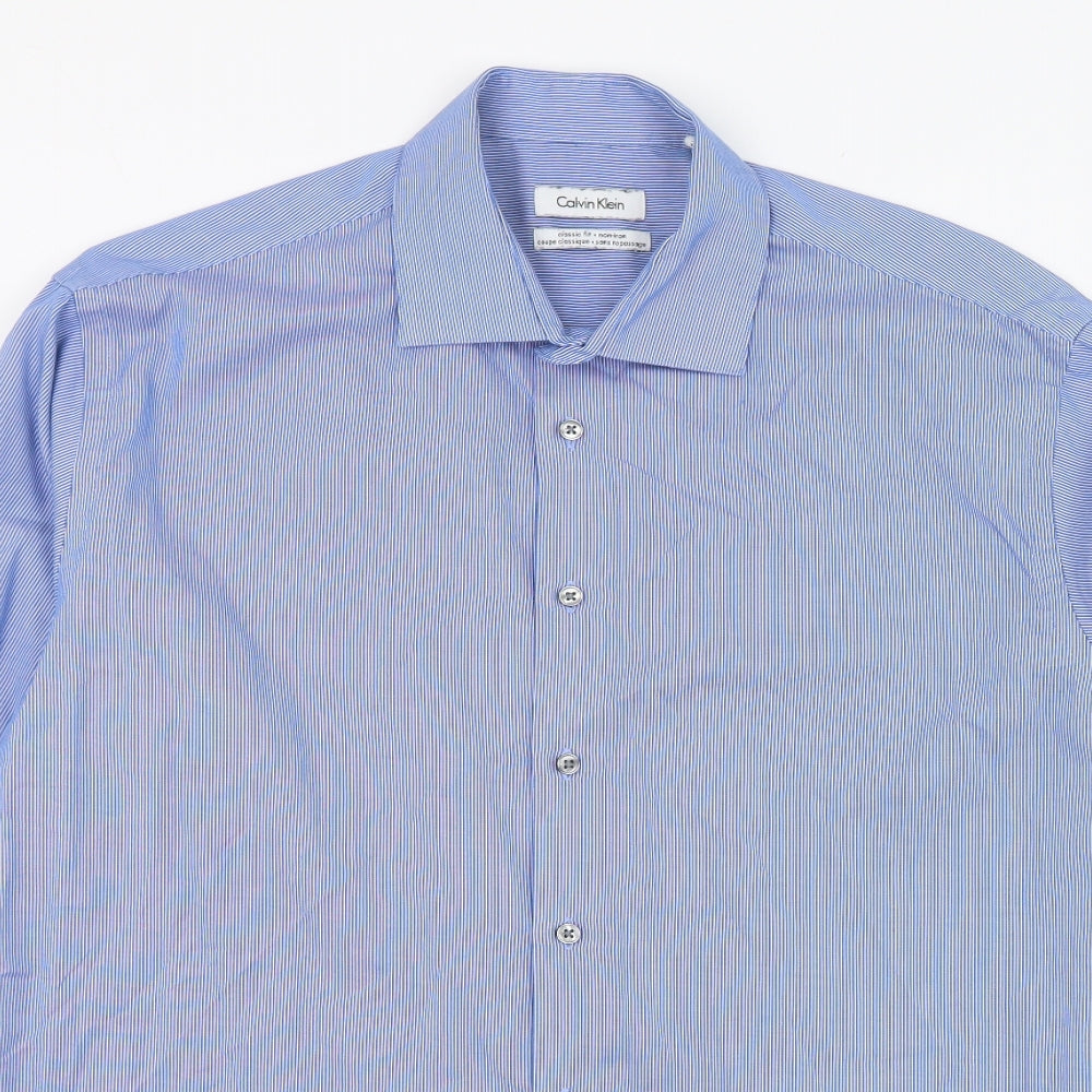 Calvin Klein Mens Blue Striped Cotton  Dress Shirt Size 16.5 Collared Button