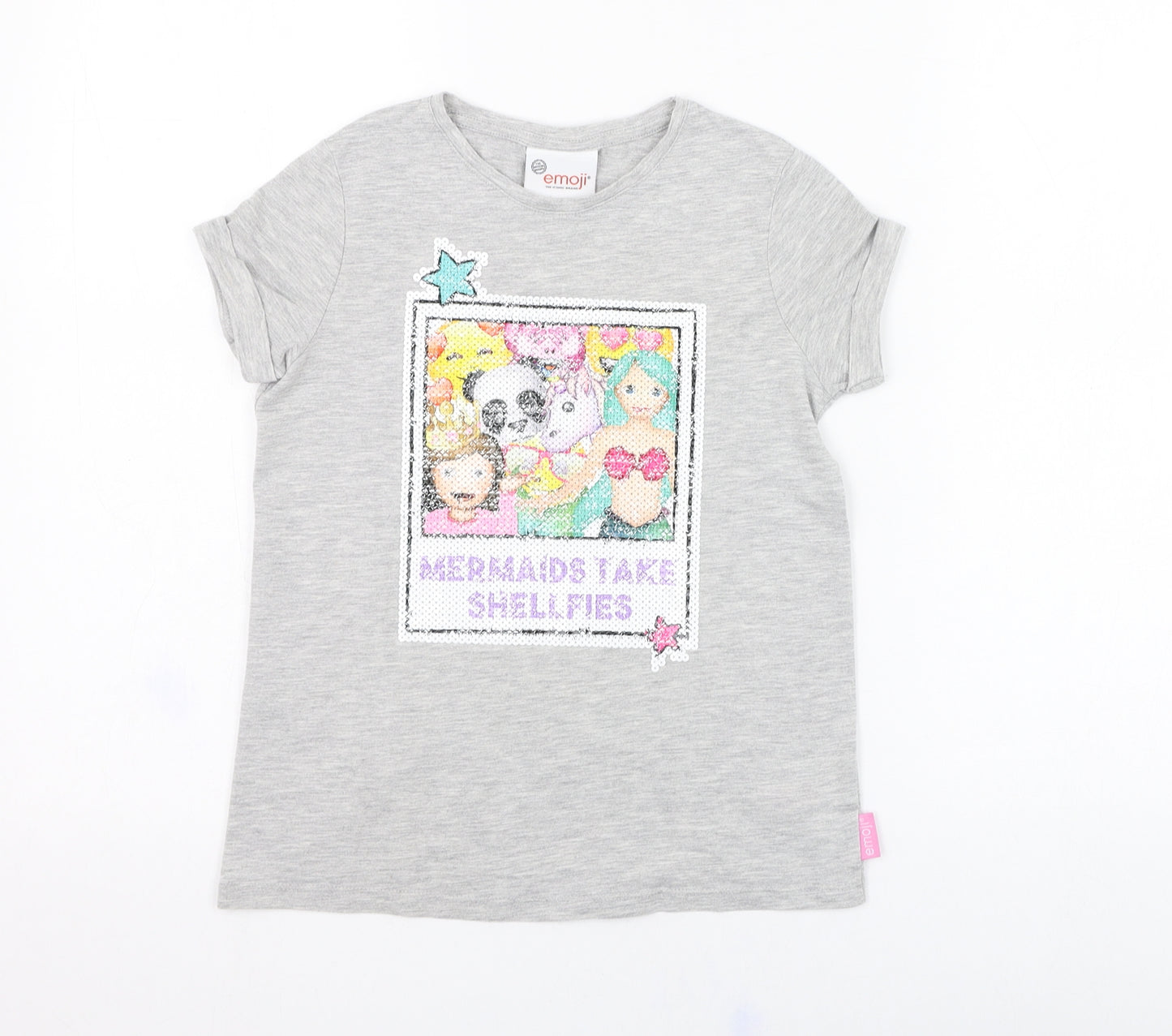 F&F Girls Grey  Cotton Basic T-Shirt Size 9-10 Years Round Neck Pullover - Mermaid, Emoji