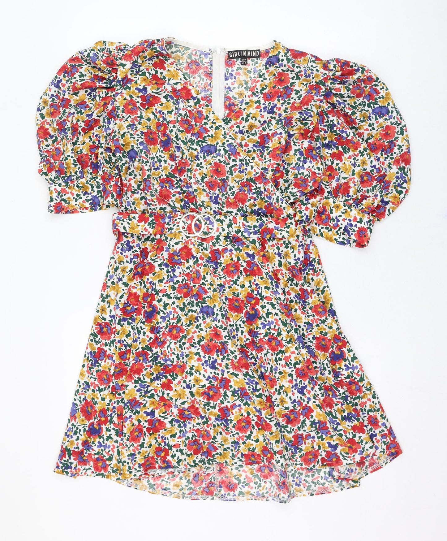 Girl In Mind Womens White Floral Polyester Fit & Flare  Size 12  V-Neck Zip