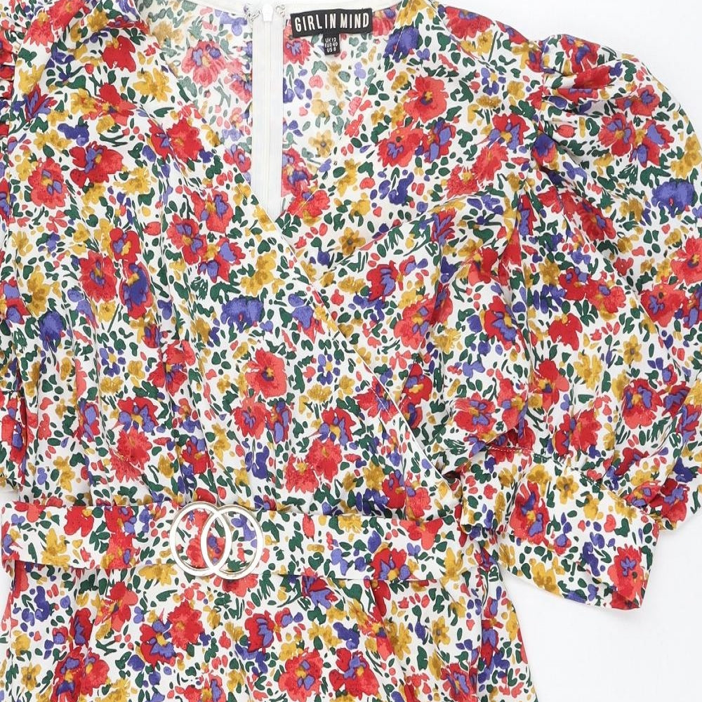 Girl In Mind Womens White Floral Polyester Fit & Flare  Size 12  V-Neck Zip