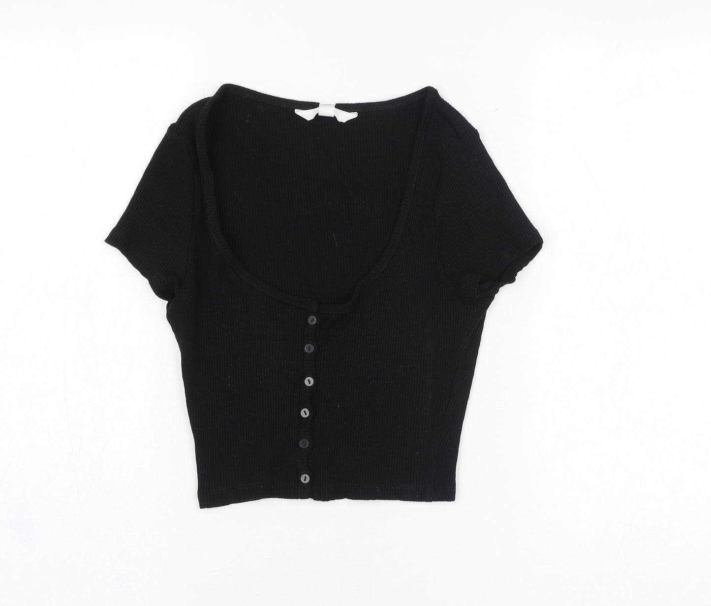 H&M Womens Black  Viscose Cropped T-Shirt Size S Scoop Neck