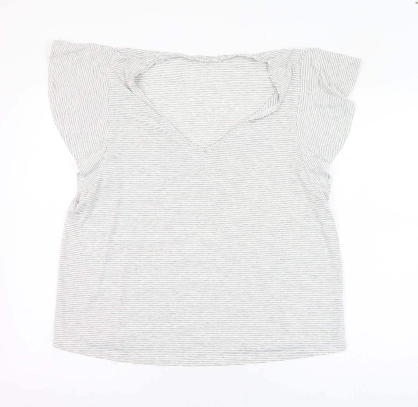 Dunnes Stores Womens Grey Striped Polyester Basic T-Shirt Size L V-Neck - Loungewear