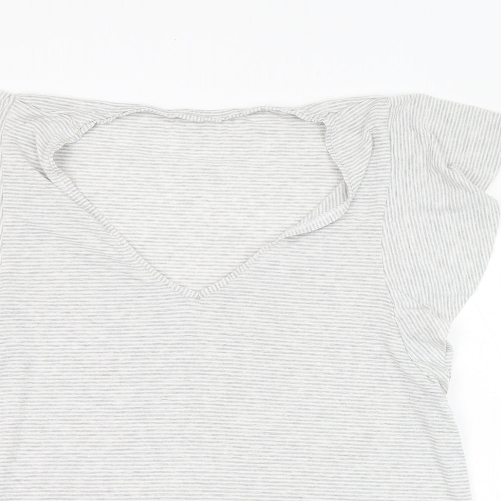 Dunnes Stores Womens Grey Striped Polyester Basic T-Shirt Size L V-Neck - Loungewear