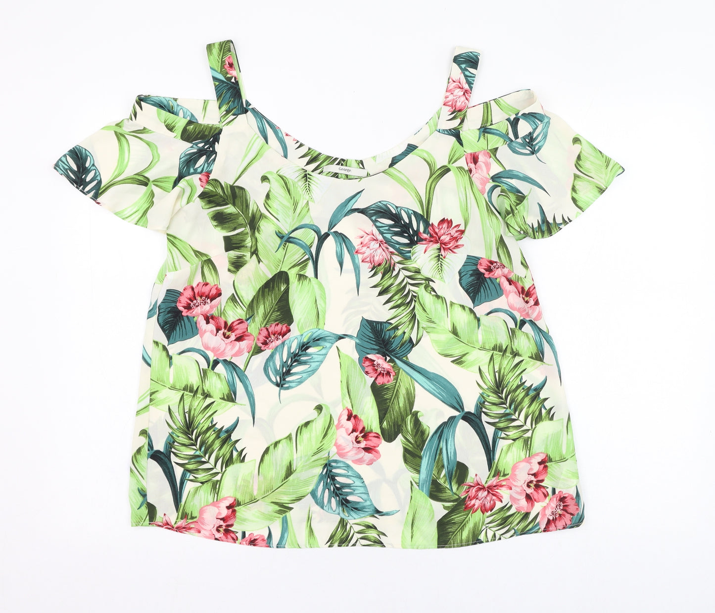 George Womens Ivory Floral Polyester Basic Blouse Size 10 Round Neck