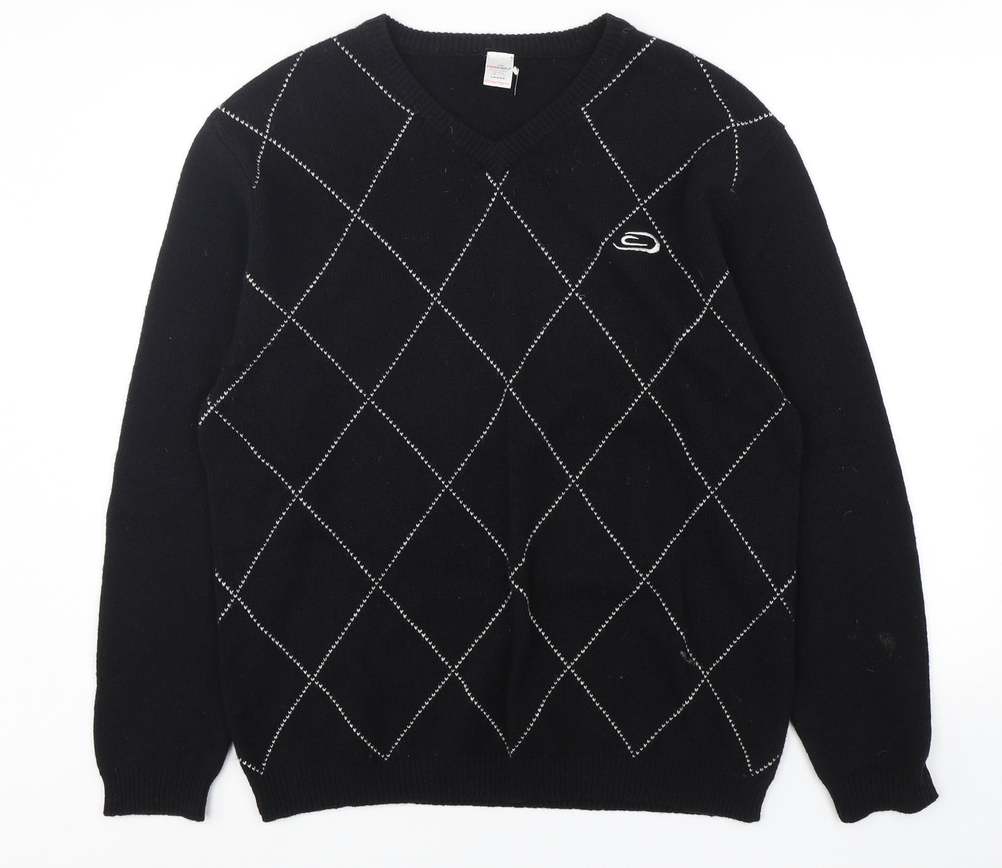 Crane Golf Mens Black V-Neck Argyle/Diamond Wool Pullover Jumper Size L