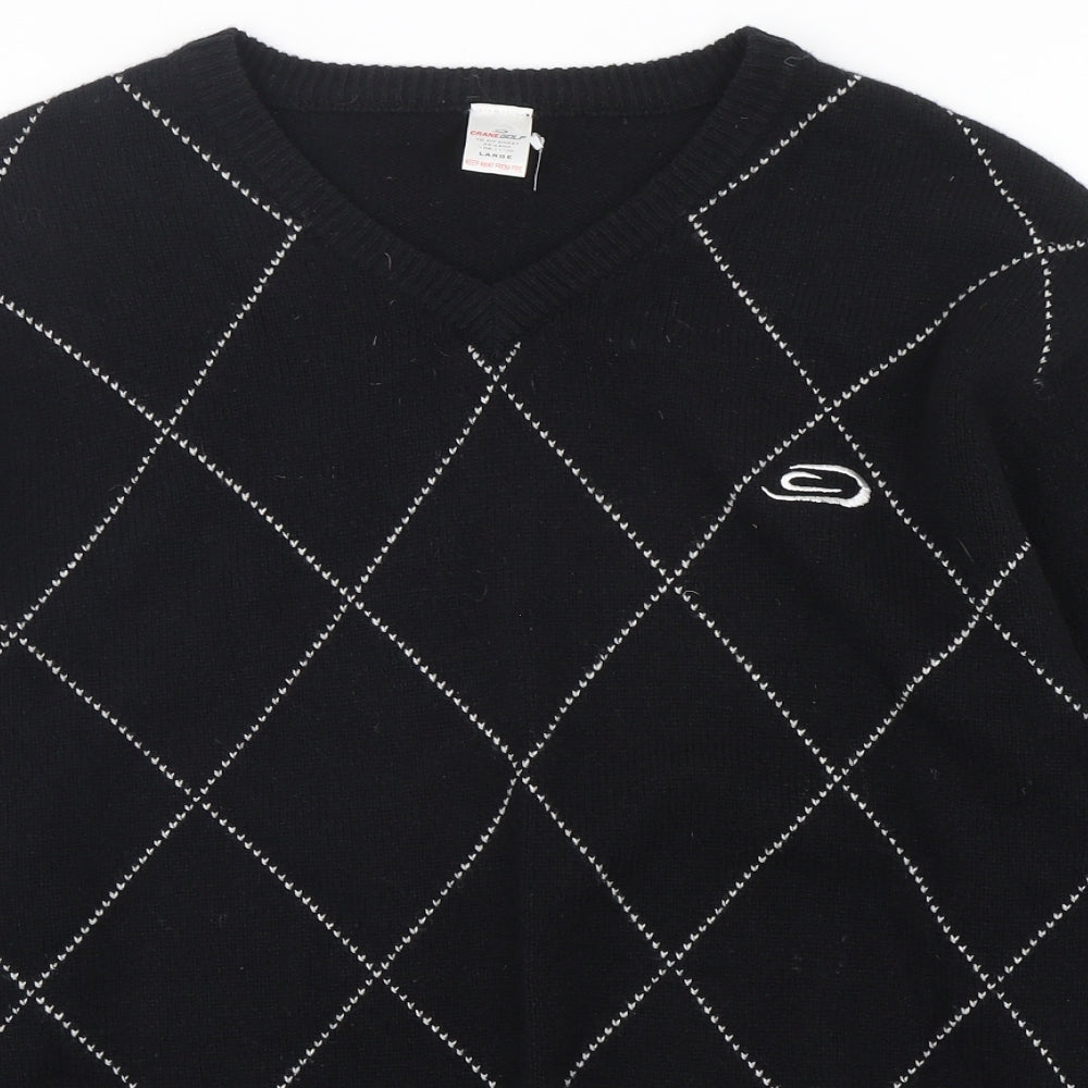 Crane Golf Mens Black V-Neck Argyle/Diamond Wool Pullover Jumper Size L