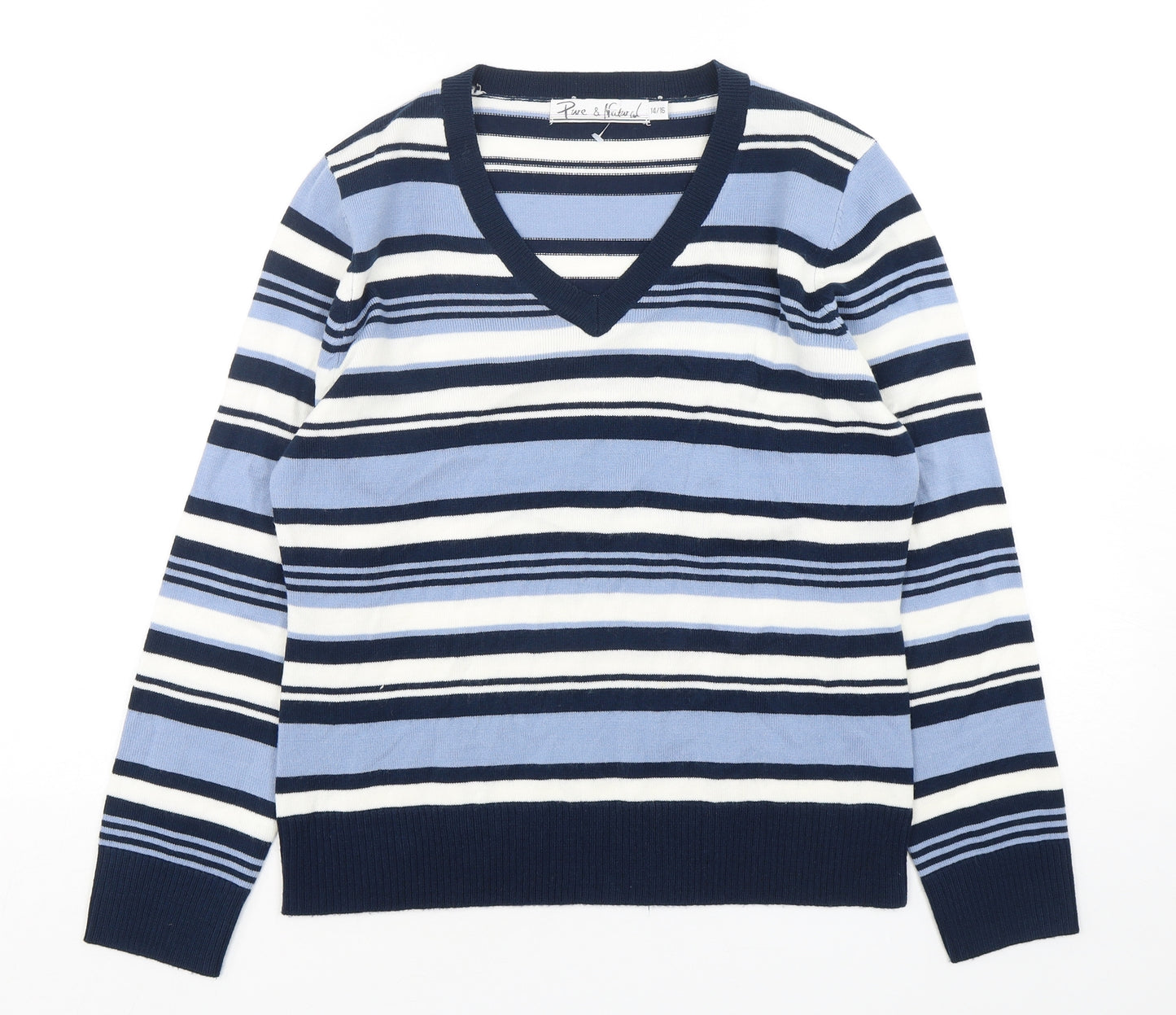 Pure & Natural Womens Multicoloured V-Neck Striped Acrylic Pullover Jumper Size 14