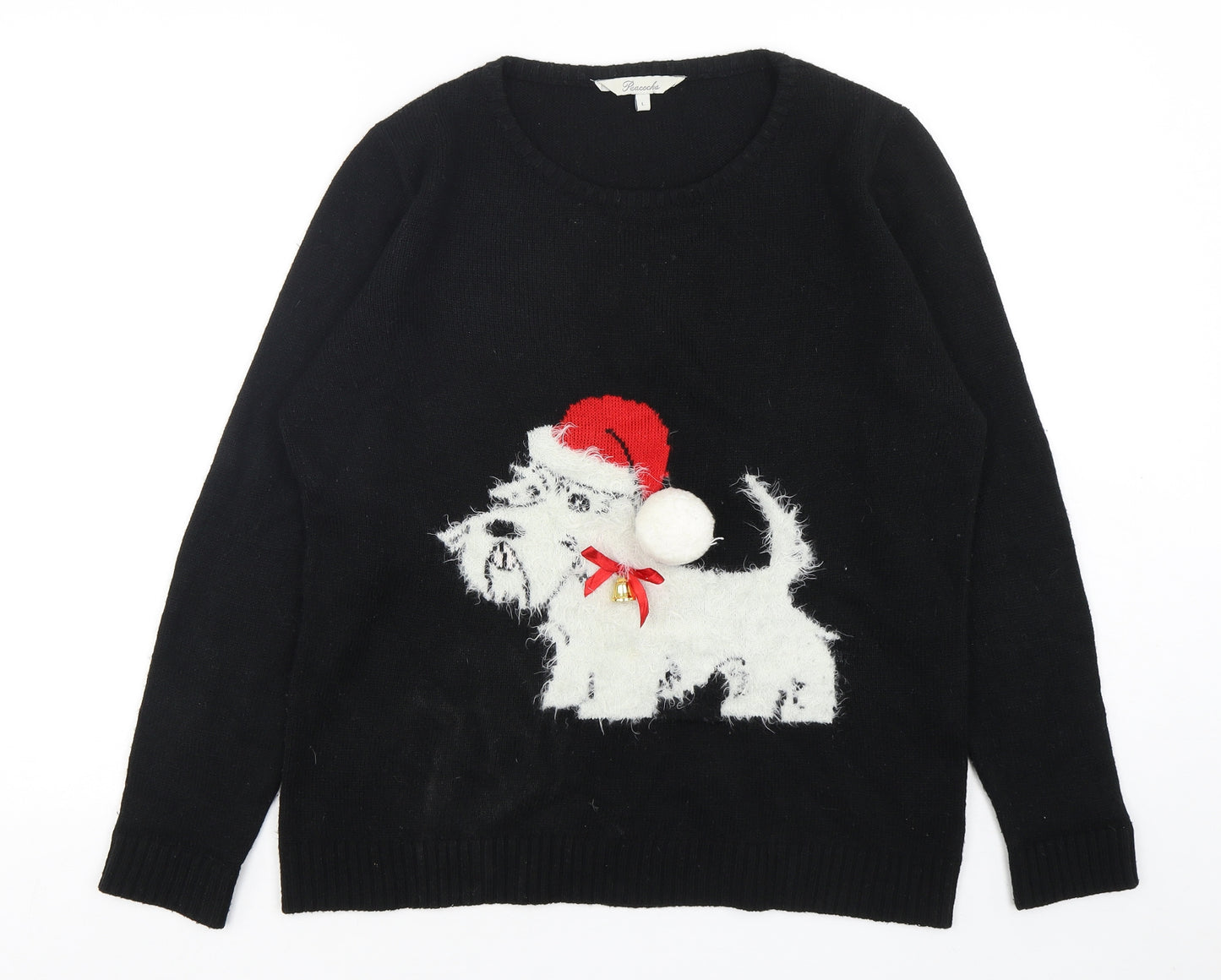 Peacocks Womens Black Round Neck  Acrylic Pullover Jumper Size L   - Christmas