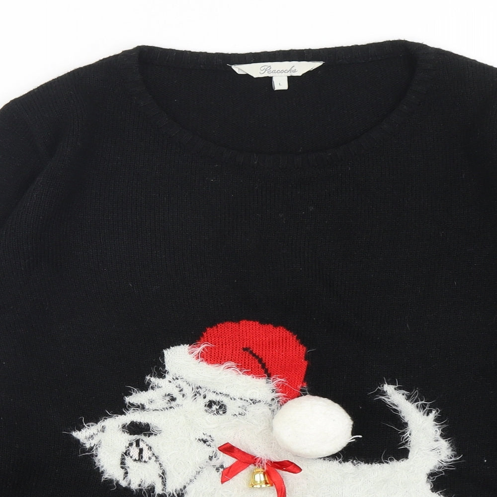 Peacocks Womens Black Round Neck  Acrylic Pullover Jumper Size L   - Christmas