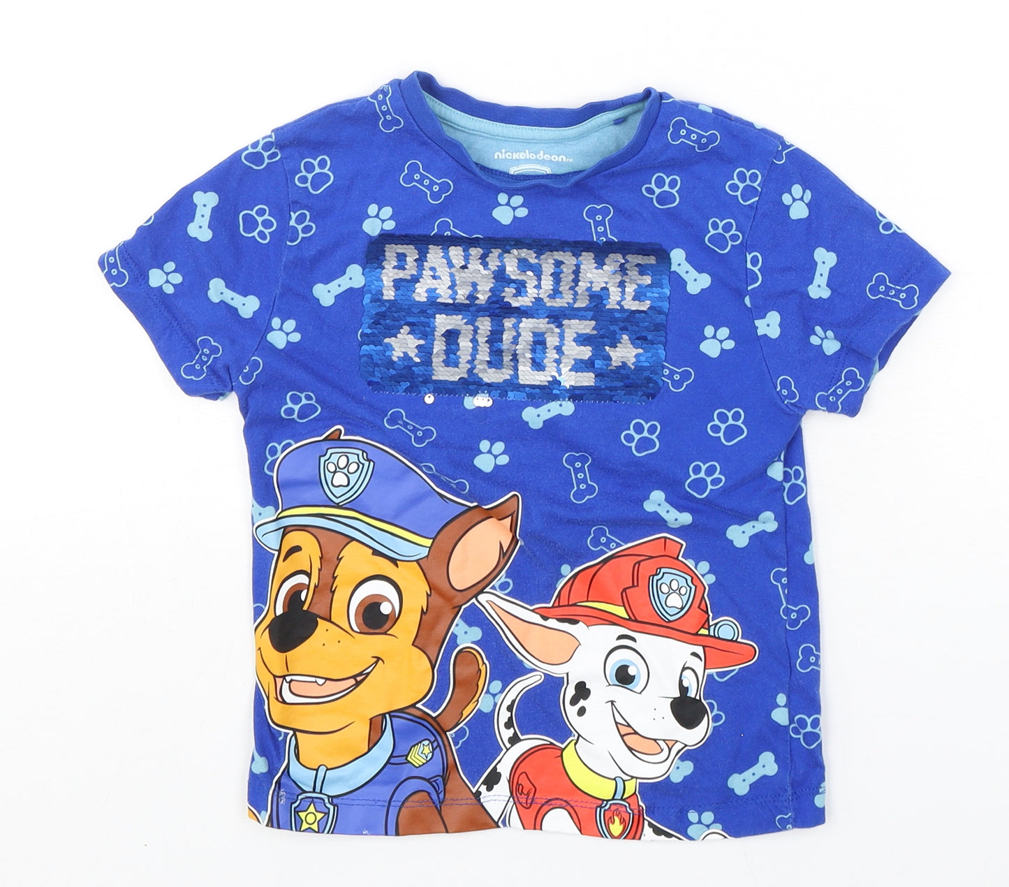 Primark Boys Blue Geometric Cotton Basic T-Shirt Size 4-5 Years Round Neck Pullover - Paw Patrol