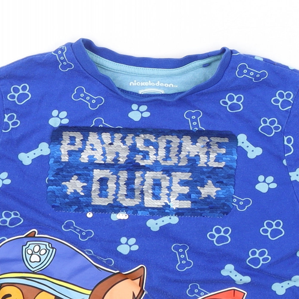 Primark Boys Blue Geometric Cotton Basic T-Shirt Size 4-5 Years Round Neck Pullover - Paw Patrol