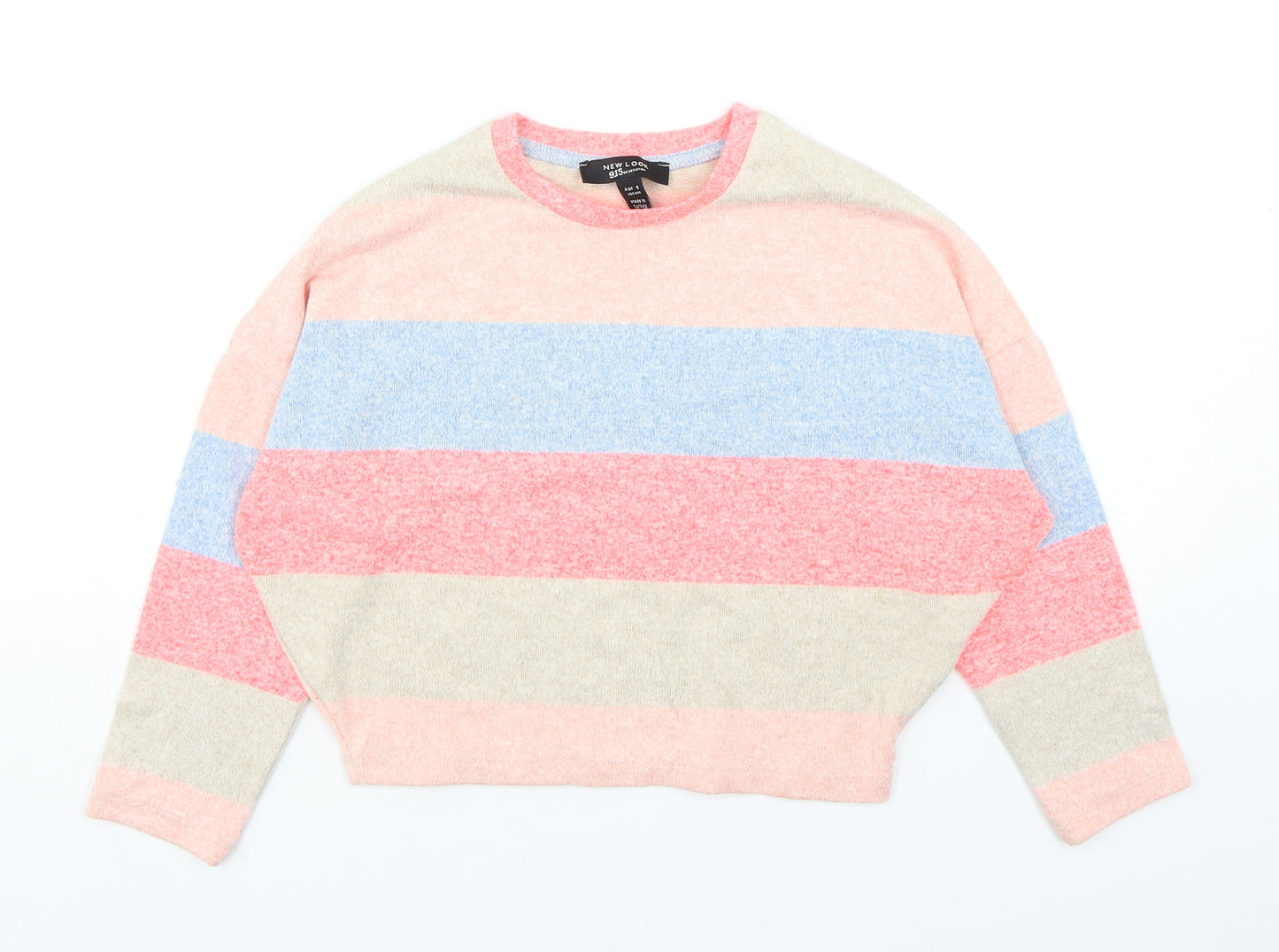 New Look Girls Multicoloured Round Neck Striped Viscose Pullover Jumper Size 9 Years