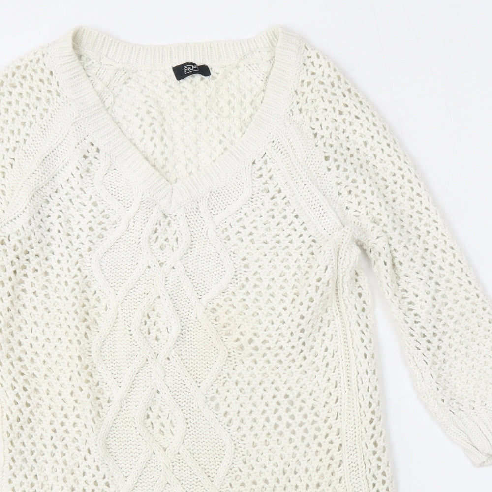 F&F Womens White V-Neck  Cotton Pullover Jumper Size 10