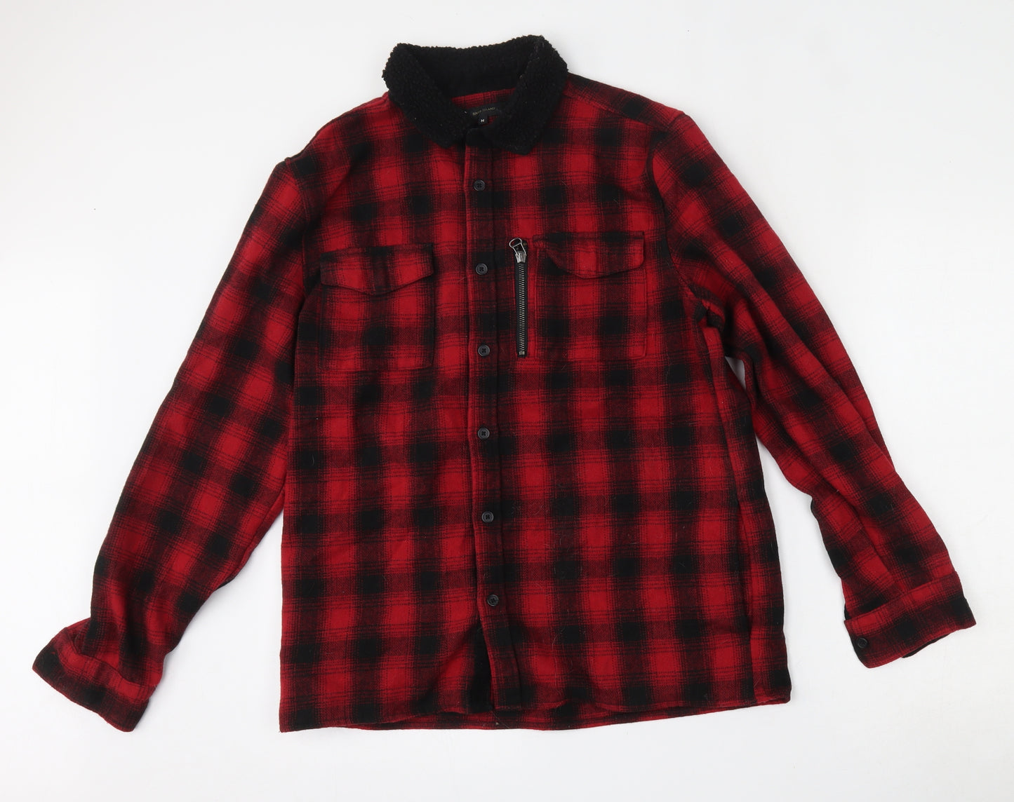 River Island Mens Red Plaid Polyester  Button-Up Size M Collared Button - Overshirt