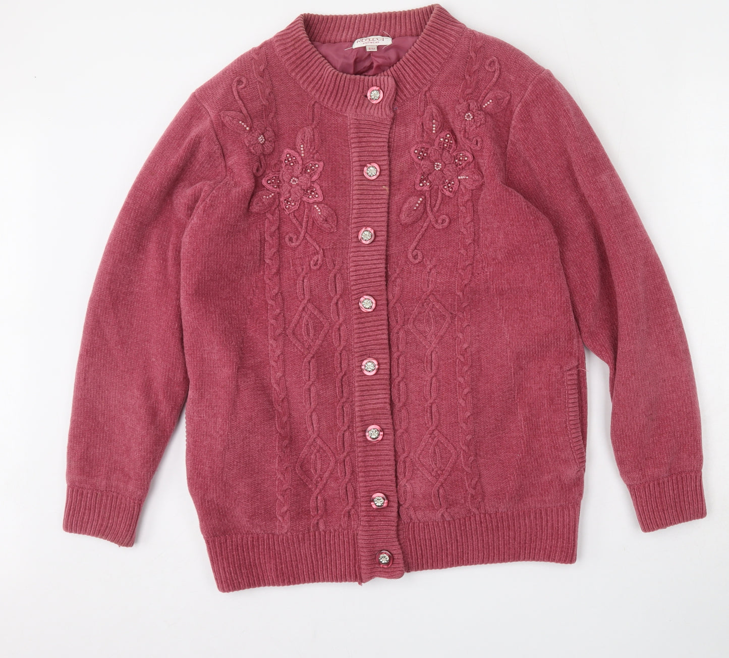 REFLECT knitwear Womens Red Round Neck Floral Acrylic Cardigan Jumper Size S