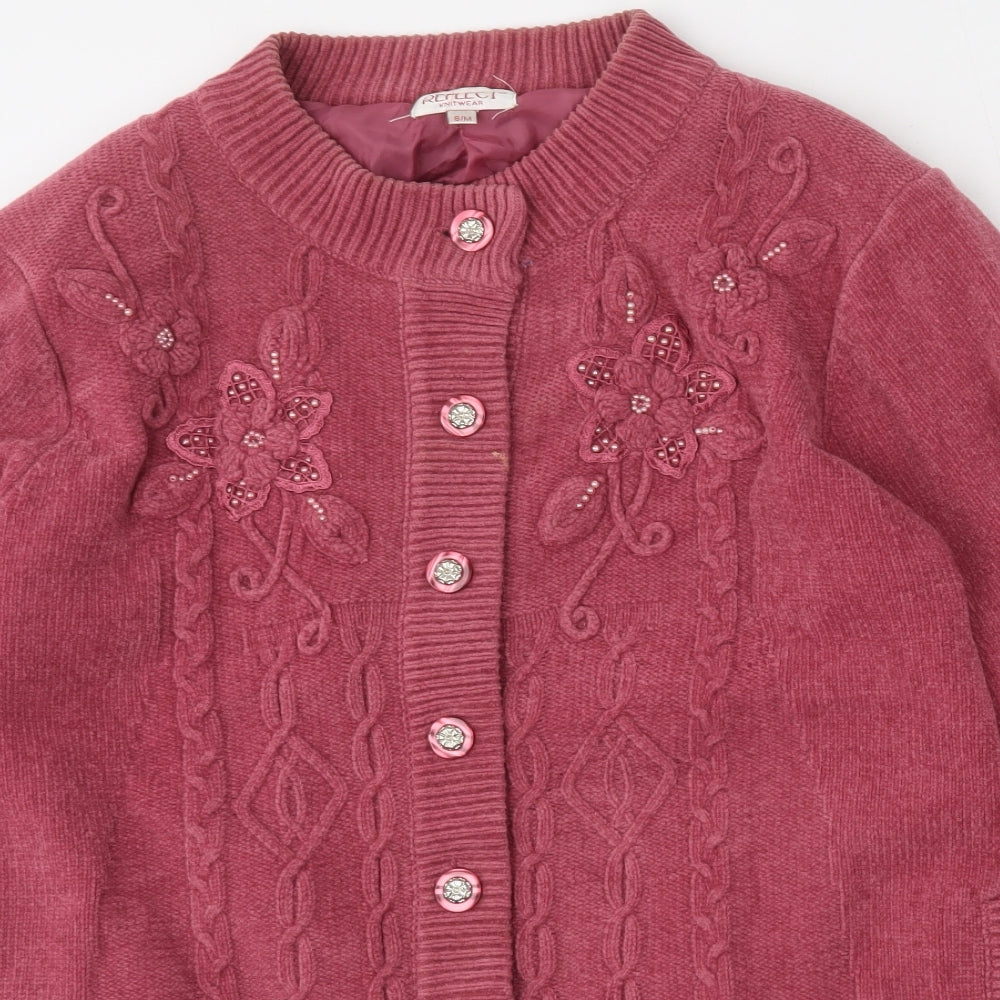 REFLECT knitwear Womens Red Round Neck Floral Acrylic Cardigan Jumper Size S