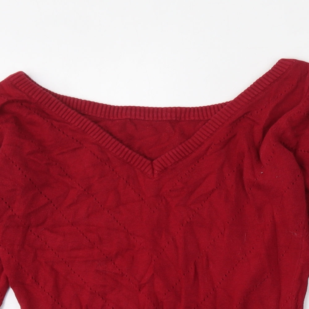 Collectif  Womens Red V-Neck  Cotton Pullover Jumper Size 10