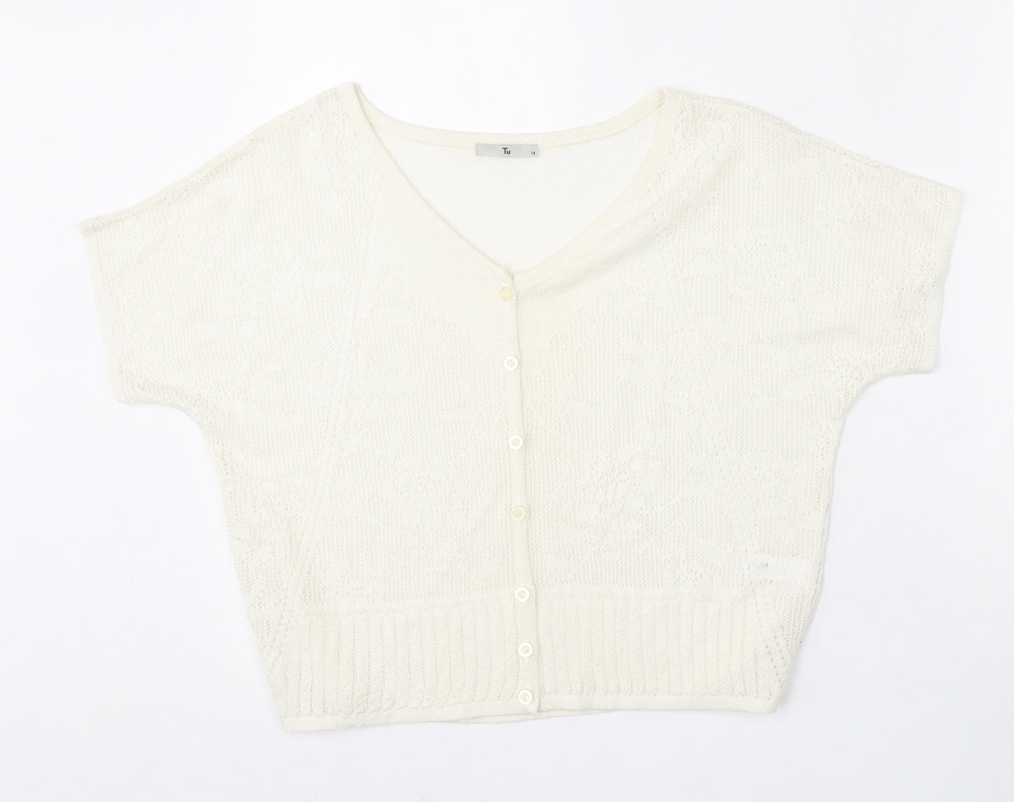 TU Womens White V-Neck Floral Acrylic Cardigan Jumper Size 14