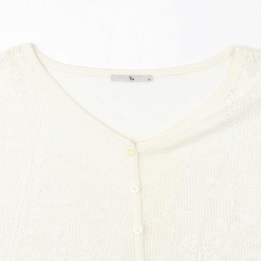 TU Womens White V-Neck Floral Acrylic Cardigan Jumper Size 14