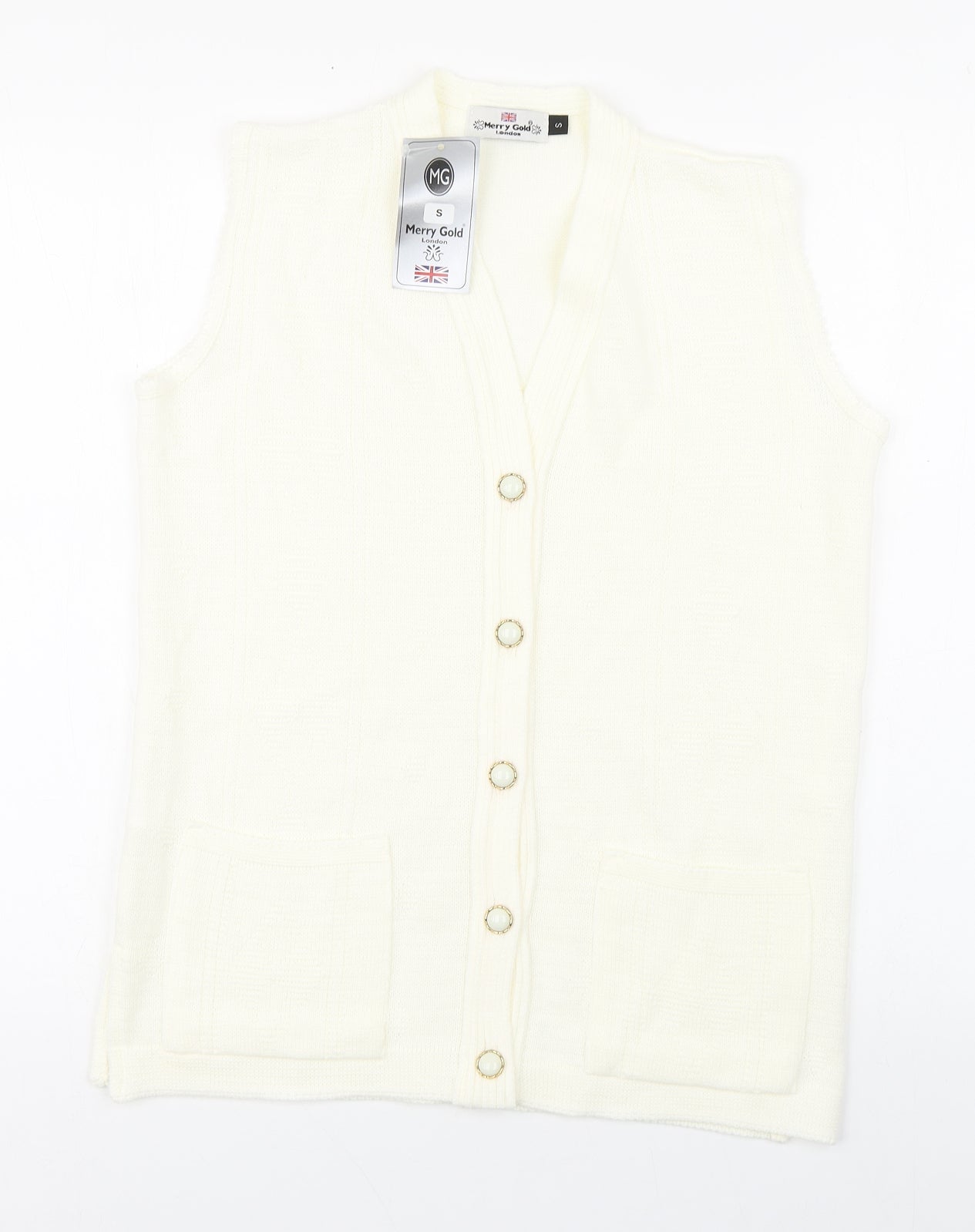 Merry Gold Womens Ivory V-Neck  Acrylic Vest Jumper Size S
