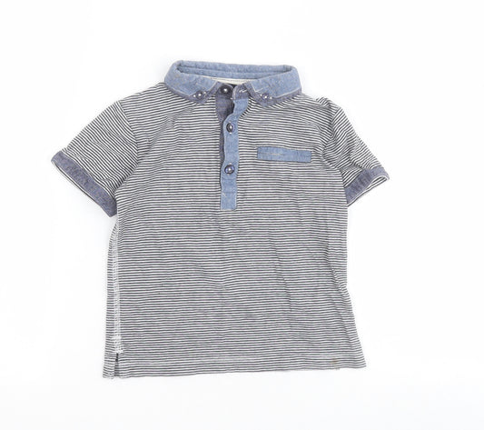 Front view of Next boys’ blue striped 100% cotton basic polo, size 2-3, years collared button