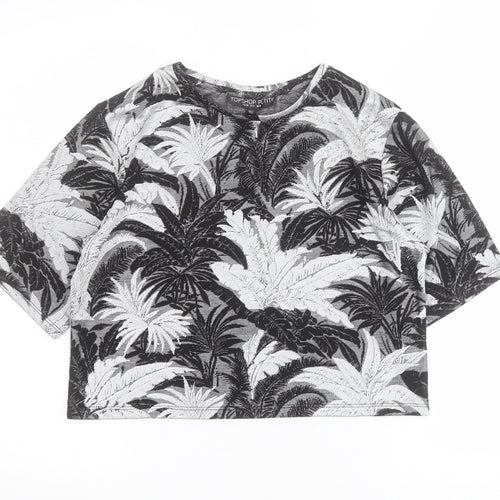 Topshop Womens Black Floral Viscose Cropped T-Shirt Size 8 Round Neck
