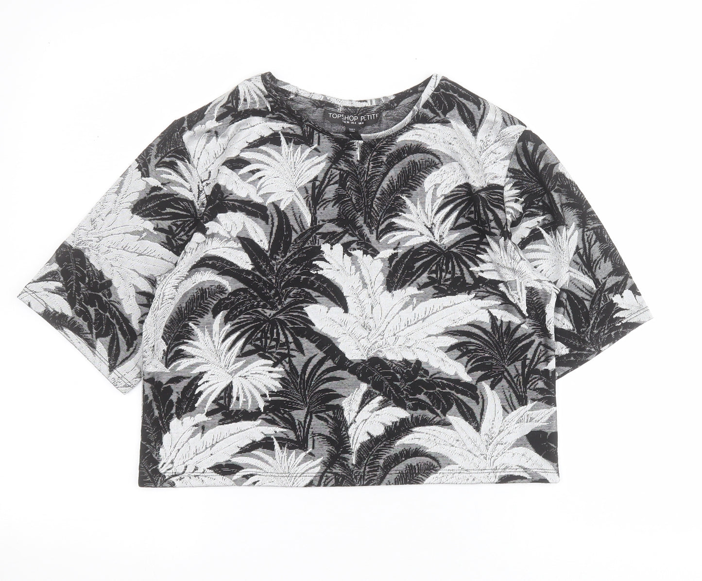 Topshop Womens Black Floral Viscose Cropped T-Shirt Size 8 Round Neck