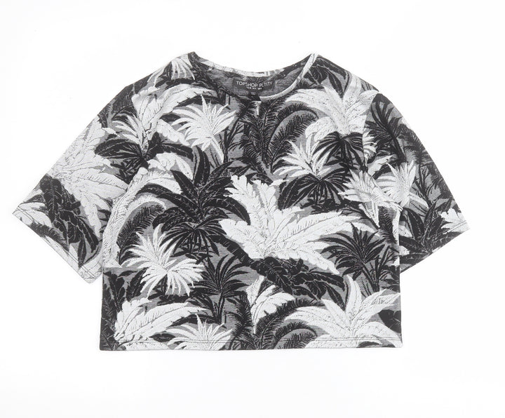 Topshop Womens Black Floral Viscose Cropped T-Shirt Size 8 Round Neck