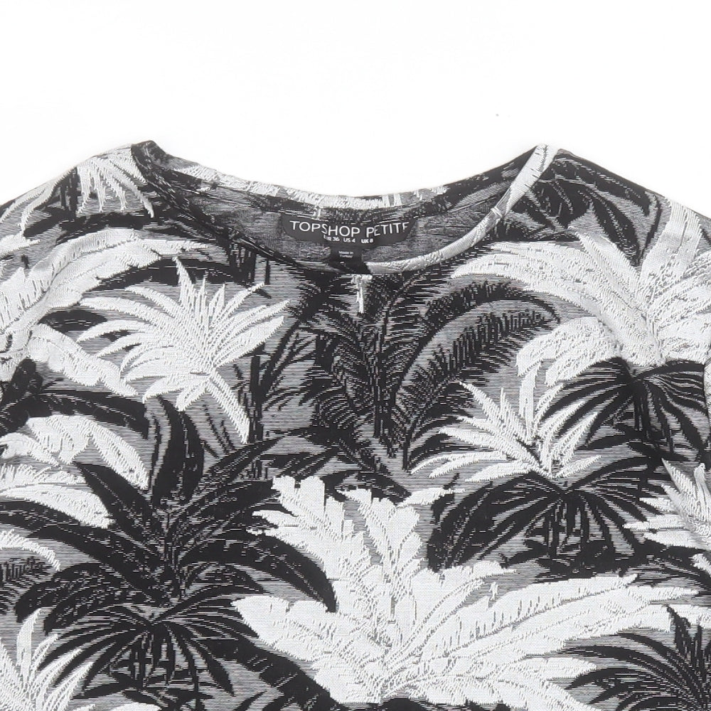 Topshop Womens Black Floral Viscose Cropped T-Shirt Size 8 Round Neck