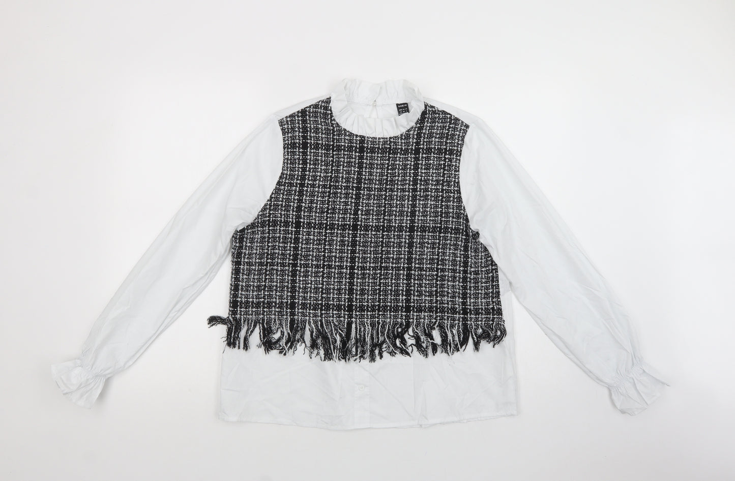 SheIn Womens White Plaid Polyester Basic Blouse Size M High Neck