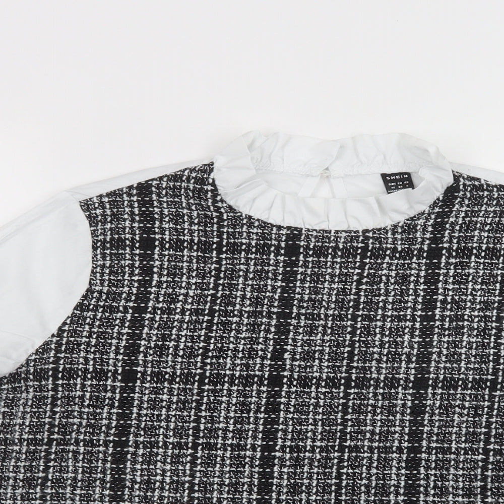 SheIn Womens White Plaid Polyester Basic Blouse Size M High Neck