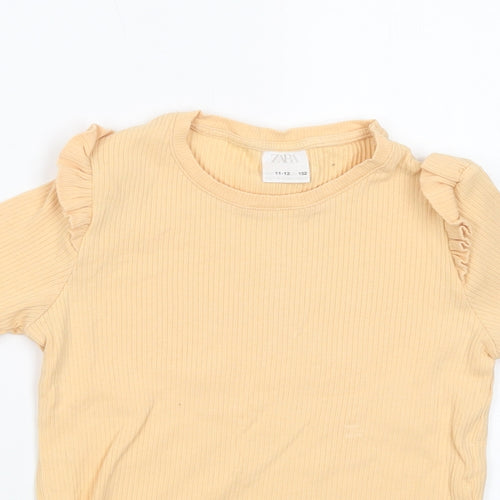 Zara Girls Yellow  Cotton Pullover T-Shirt Size 11-12 Years Crew Neck Pullover