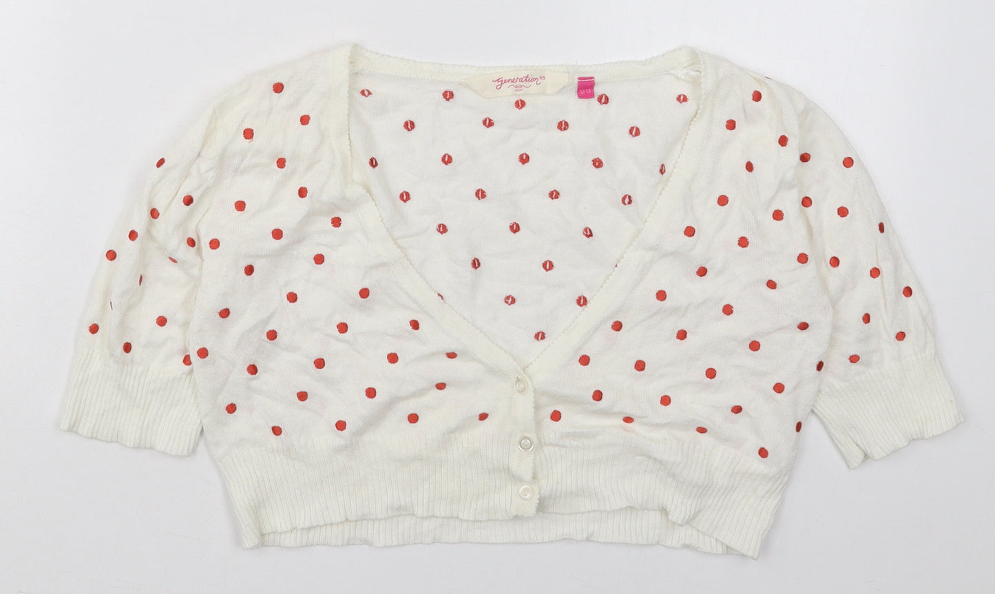 New Look Girls White V-Neck Polka Dot Cotton Cardigan Jumper Size 12-13 Years  Button - Cropped