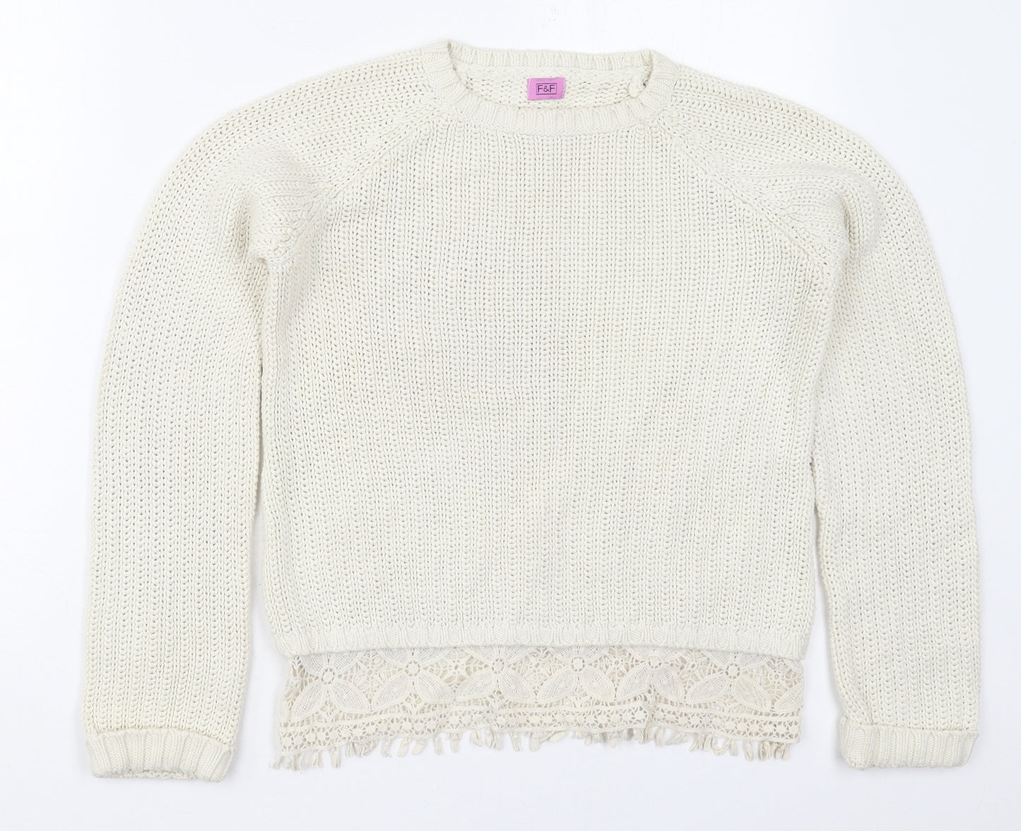 F&F Girls Beige Crew Neck  Cotton Pullover Jumper Size 12-13 Years  Pullover