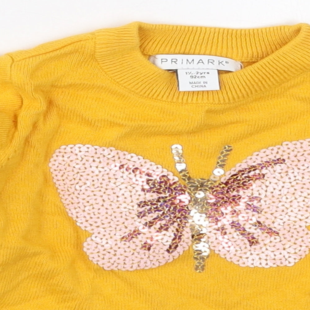 Primark Girls Yellow  Cotton Pullover Jumper Size 18-24 Months  Pullover - Butterfly