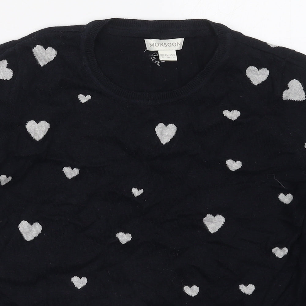 Monsoon Womens Black Crew Neck  Cotton Pullover Jumper Size 8   - Hearts