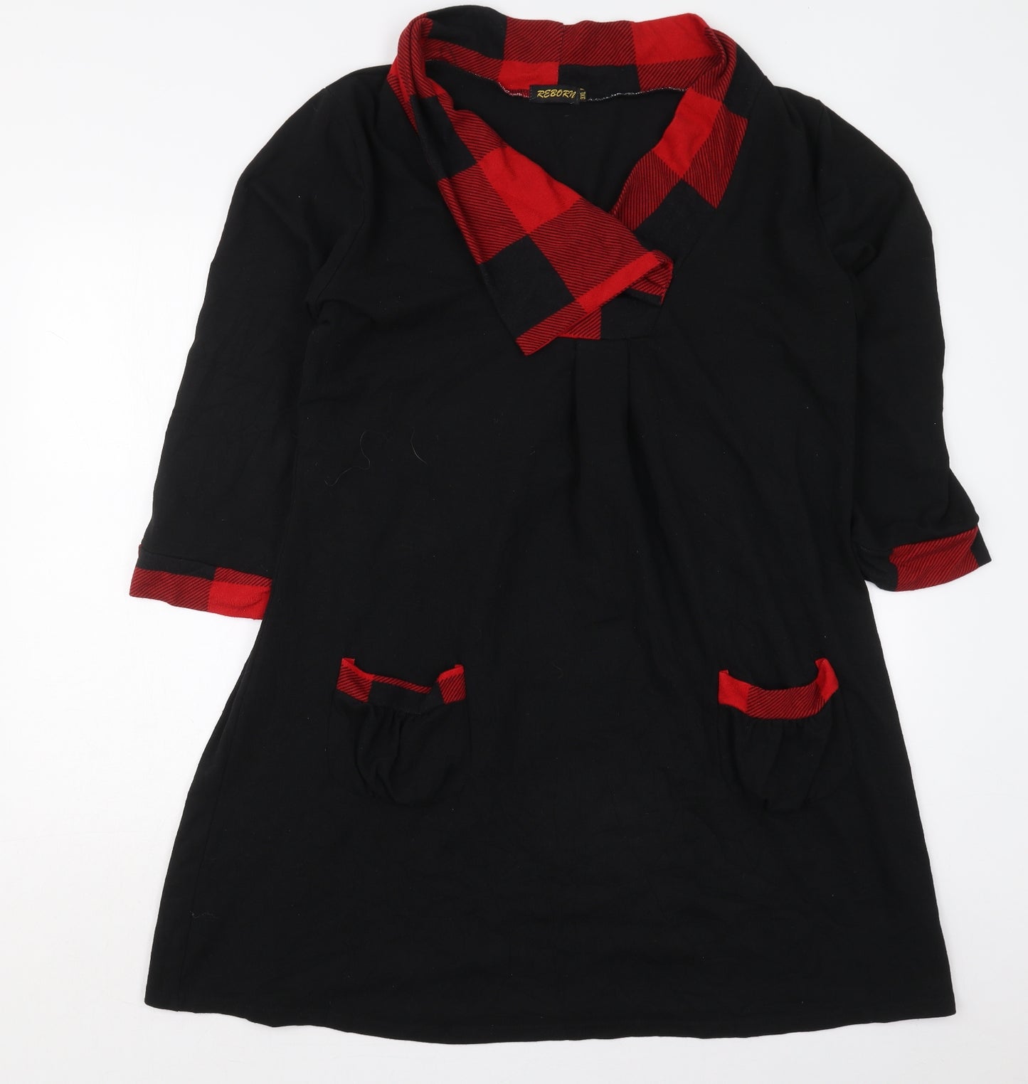 Reborn Womens Black Check Cotton Jumper Dress  Size 3XL  Collared Pullover - Red