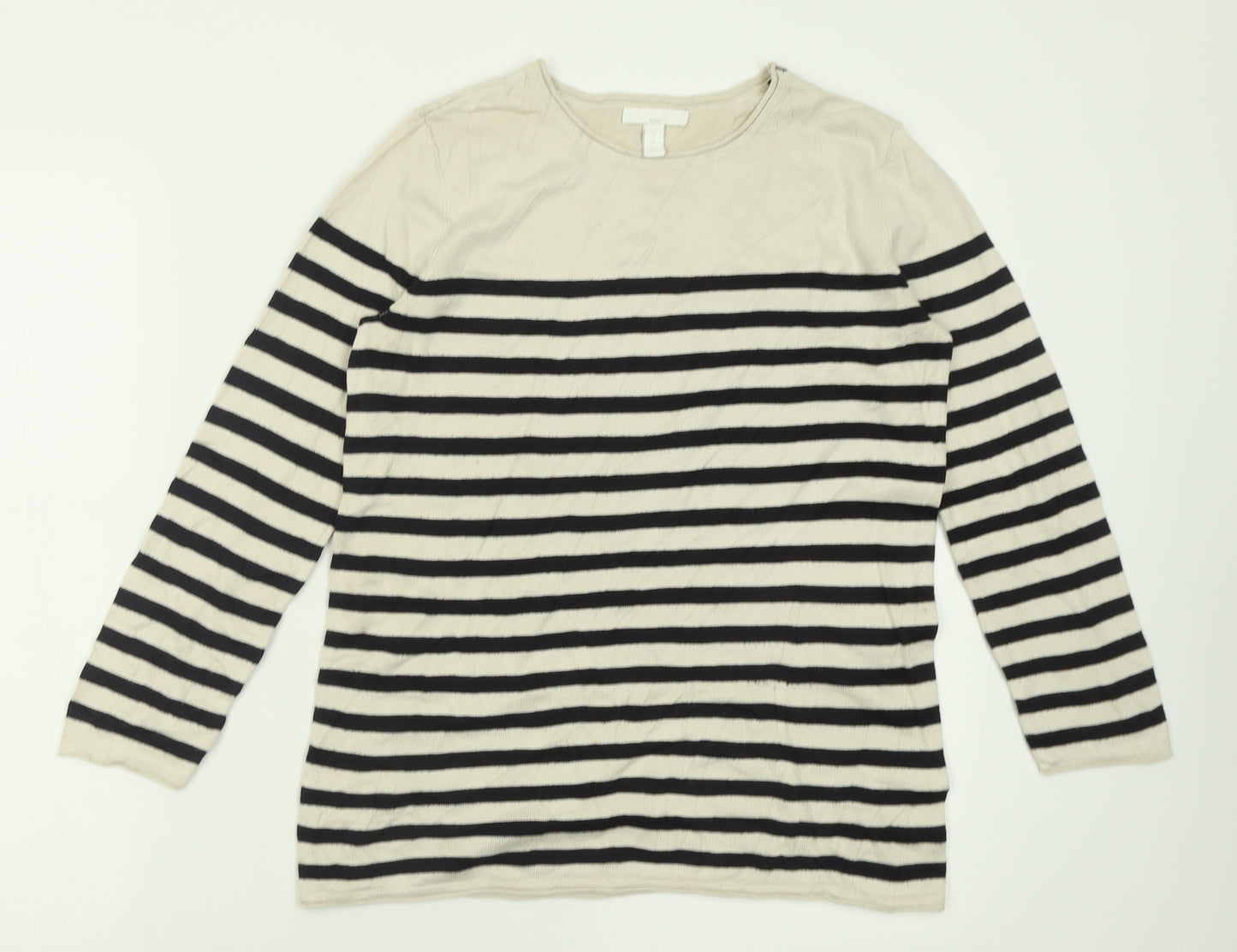 H&M Womens Beige Crew Neck Striped Acrylic Pullover Jumper Size S