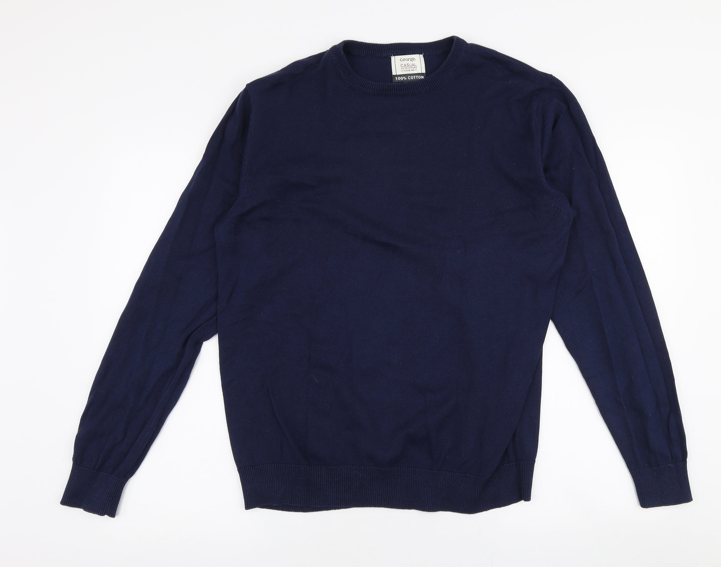 George Mens Blue Round Neck  Cotton Pullover Jumper Size M